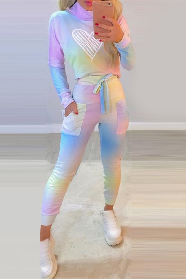 Colour Fashion Casual Print Basic Turtleneck Long Sleeve Two Pieces