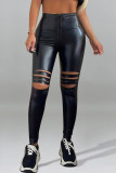 Brown Street Solid Ripped Patchwork Regular High Waist Pencil Solid Color Bottoms
