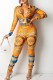 Orange Sexy Print Bandage Patchwork V Neck Long Sleeve Two Pieces