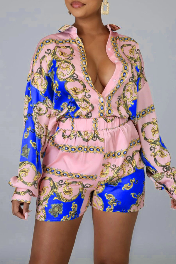 Blue Casual Print Patchwork Turndown Collar Long Sleeve Two Pieces