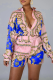 Blue Casual Print Patchwork Turndown Collar Long Sleeve Two Pieces