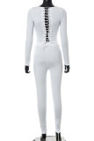 White Casual Solid Patchwork Frenulum Backless O Neck Long Sleeve Two Pieces