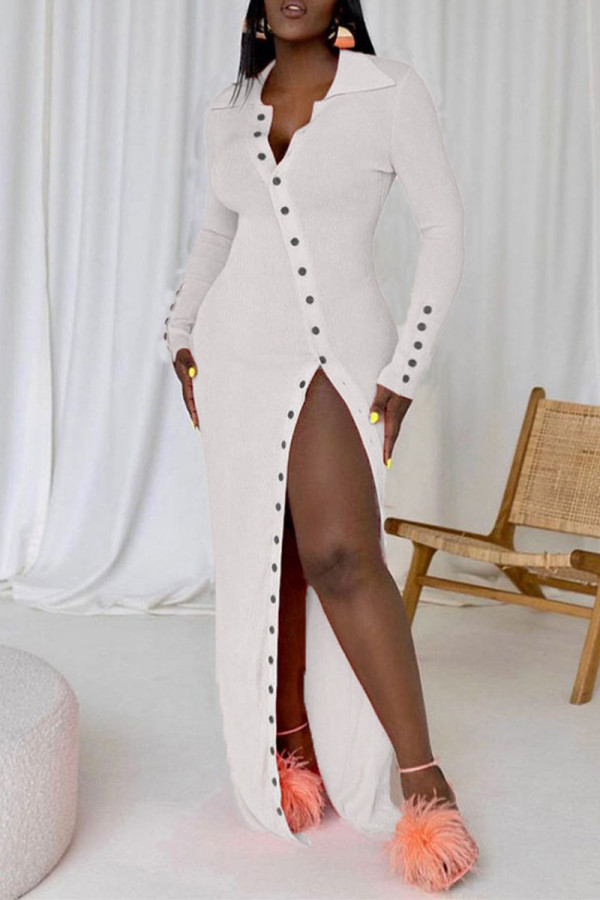 White Casual Solid Patchwork Buckle Turndown Collar One Step Skirt Dresses