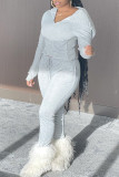 Gray White Fashion Casual Solid Basic Hooded Collar Long Sleeve Two Pieces