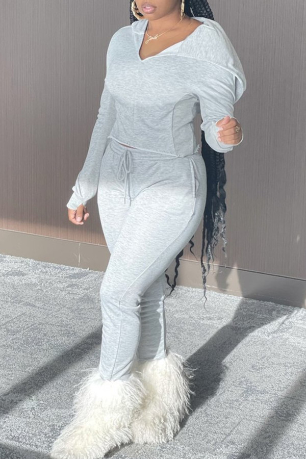 Gray White Fashion Casual Solid Basic Hooded Collar Long Sleeve Two Pieces