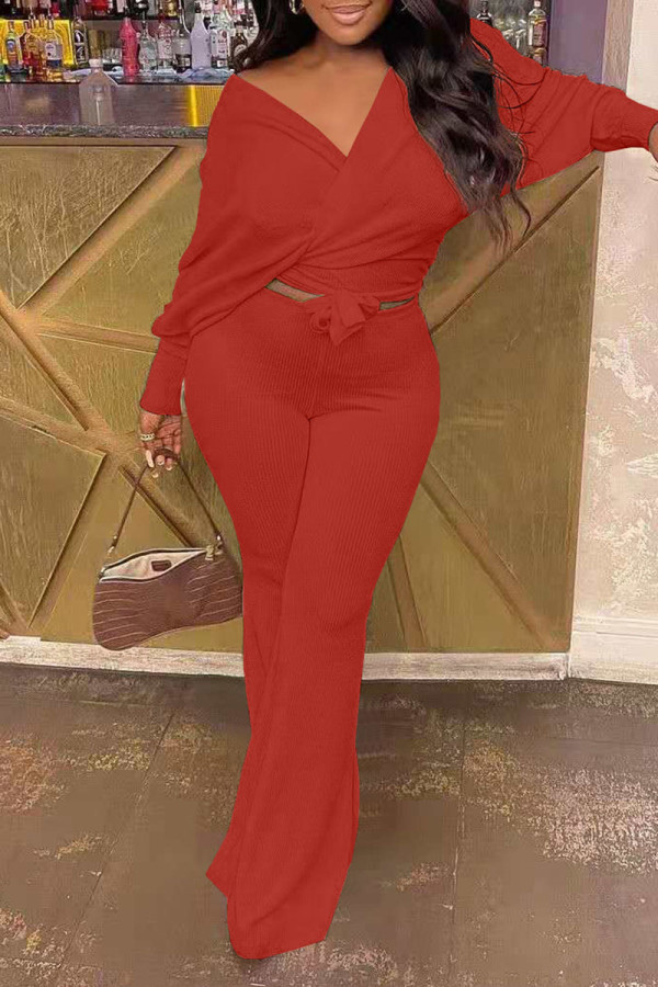 Red Casual Solid Bandage Patchwork V Neck Long Sleeve Two Pieces