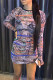 Colour Fashion Sexy Print Tear O Neck Long Sleeve Dresses