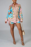 Blue Casual Print Patchwork Turndown Collar Long Sleeve Two Pieces
