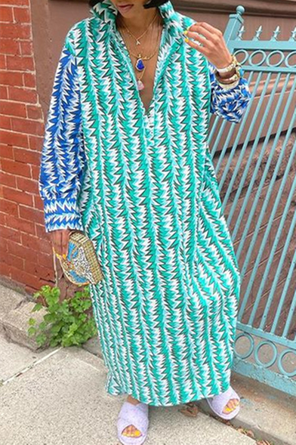 Cyan Fashion Casual Print Patchwork Turndown Collar Long Sleeve Dresses