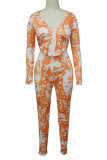 Yellow Sexy Print Patchwork Asymmetrical Zipper V Neck Long Sleeve Two Pieces