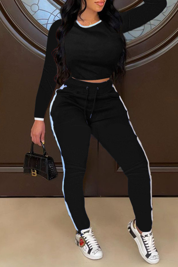 Black Fashion Casual Solid Patchwork O Neck Long Sleeve Two Pieces