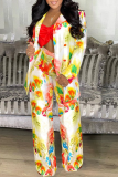 Multicolor Casual Print Patchwork Turndown Collar Long Sleeve Two Pieces