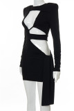 Rose Red Fashion Sexy Solid Hollowed Out O Neck Long Sleeve Dresses