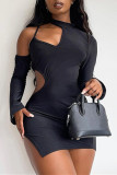 Black Fashion Sexy Solid Hollowed Out O Neck Long Sleeve Dresses