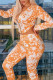 Yellow Sexy Print Patchwork Asymmetrical Zipper V Neck Long Sleeve Two Pieces