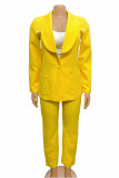 Yellow Fashion Casual Solid Cardigan Pants Turn-back Collar Long Sleeve Two Pieces