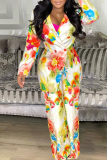 Multicolor Casual Print Patchwork Turndown Collar Long Sleeve Two Pieces