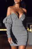Black Fashion Street Print Patchwork Strapless One Step Skirt Dresses