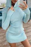 Blue Casual Solid Patchwork Hooded Collar Pencil Skirt Dresses