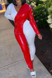 Red Sexy Solid Patchwork V Neck Skinny Jumpsuits