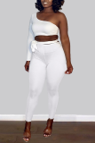 White Sexy Solid Patchwork One Shoulder Skinny Jumpsuits
