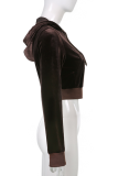 Brown Sexy Patchwork Hot Drill Hooded Collar Long Sleeve Two Pieces