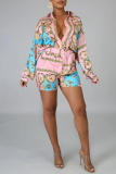 Blue Casual Print Patchwork Turndown Collar Long Sleeve Two Pieces