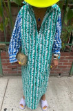 Cyan Fashion Casual Print Patchwork Turndown Collar Long Sleeve Dresses