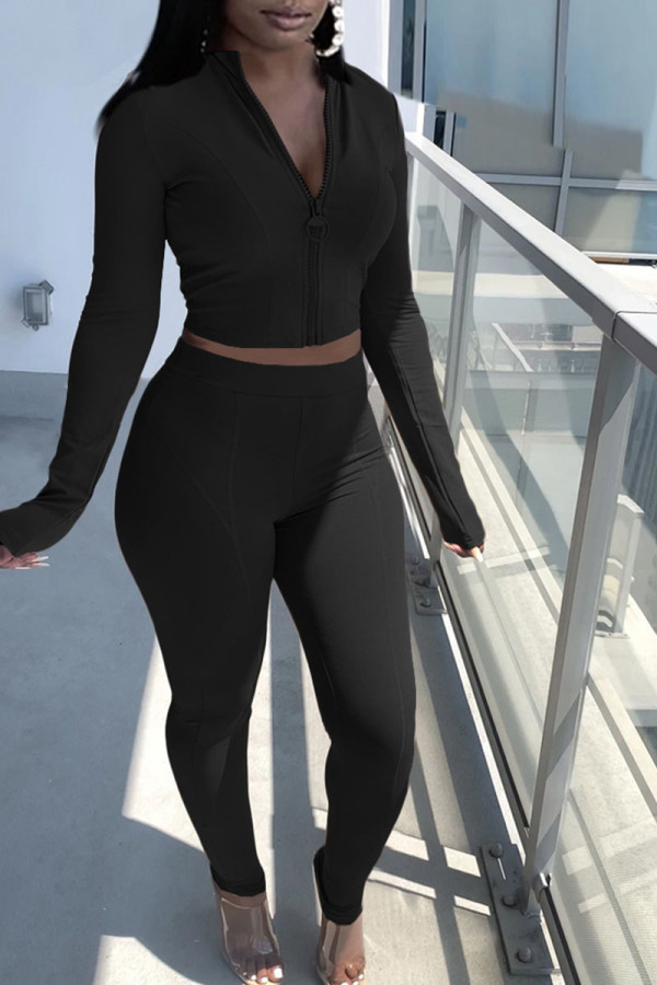 Black Fashion Casual Solid Patchwork O Neck Long Sleeve Two Pieces