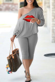 Pink Fashion Casual Print Patchwork Oblique Collar Long Sleeve Two Pieces