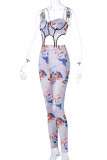 White Fashion Sexy Print Backless Asymmetrical Spaghetti Strap Sleeveless Two Pieces