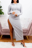 Grey Sexy Solid Patchwork Hooded Collar Irregular Dress Dresses