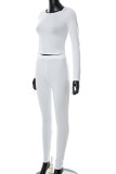 White Casual Solid Patchwork Frenulum Backless O Neck Long Sleeve Two Pieces