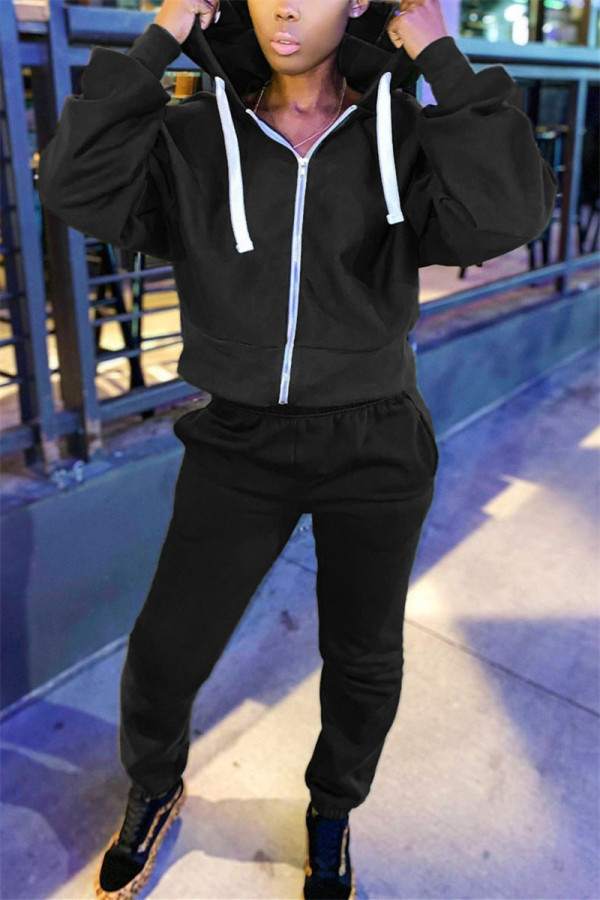 Black Fashion Casual Solid Basic Hooded Collar Long Sleeve Regular Sleeve Regular Two Pieces