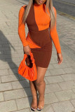 Orange Fashion Casual Patchwork Basic Turtleneck Long Sleeve Dresses pre-sale