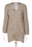 Green Sexy Solid Hollowed Out Patchwork Draw String Fold V Neck A Line Dresses