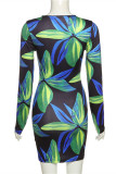 Green Fashion Sexy Print Hollowed Out V Neck Long Sleeve Dresses