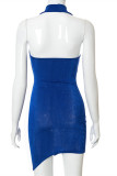Blue Fashion Sexy Solid Backless Halter Sleeveless Irregular Dress