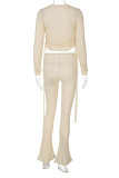 Grey Fashion Casual Solid Draw String O Neck Long Sleeve Two Pieces