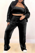 Black Fashion Casual Solid Cardigan Pants Hooded Collar Plus Size Two Pieces(Without Tube Top)