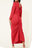 Red Casual Solid Split Joint Fold V Neck One Step Skirt Dresses