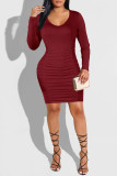 Yellow Fashion Casual Solid Fold O Neck Long Sleeve Dresses