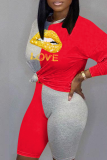 Red Casual Print Patchwork O Neck Long Sleeve Two Pieces