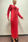 Red Casual Solid Split Joint Fold V Neck One Step Skirt Plus Size Dresses