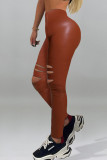 Brown Street Solid Ripped Patchwork Regular High Waist Pencil Solid Color Bottoms