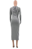 Grey Sexy Solid Patchwork Hooded Collar Irregular Dress Dresses