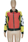 Red Casual Print Patchwork Zipper Collar Outerwear