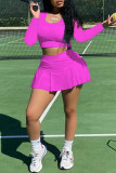 Pink Fashion Casual Solid Patchwork U Neck Long Sleeve Two Pieces