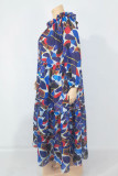Blue Fashion Casual Print Backless Off the Shoulder Long Sleeve Dresses