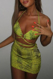 Yellow Fashion Sexy Print Hollowed Out Halter Wrapped Skirt Dresses